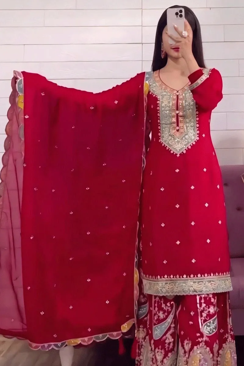 Red Colour Full Pair Sharara Suit For Karwa Chauth