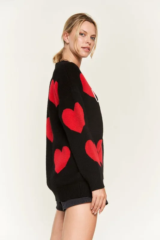 Red Heart Printed Oversized Black Sweater