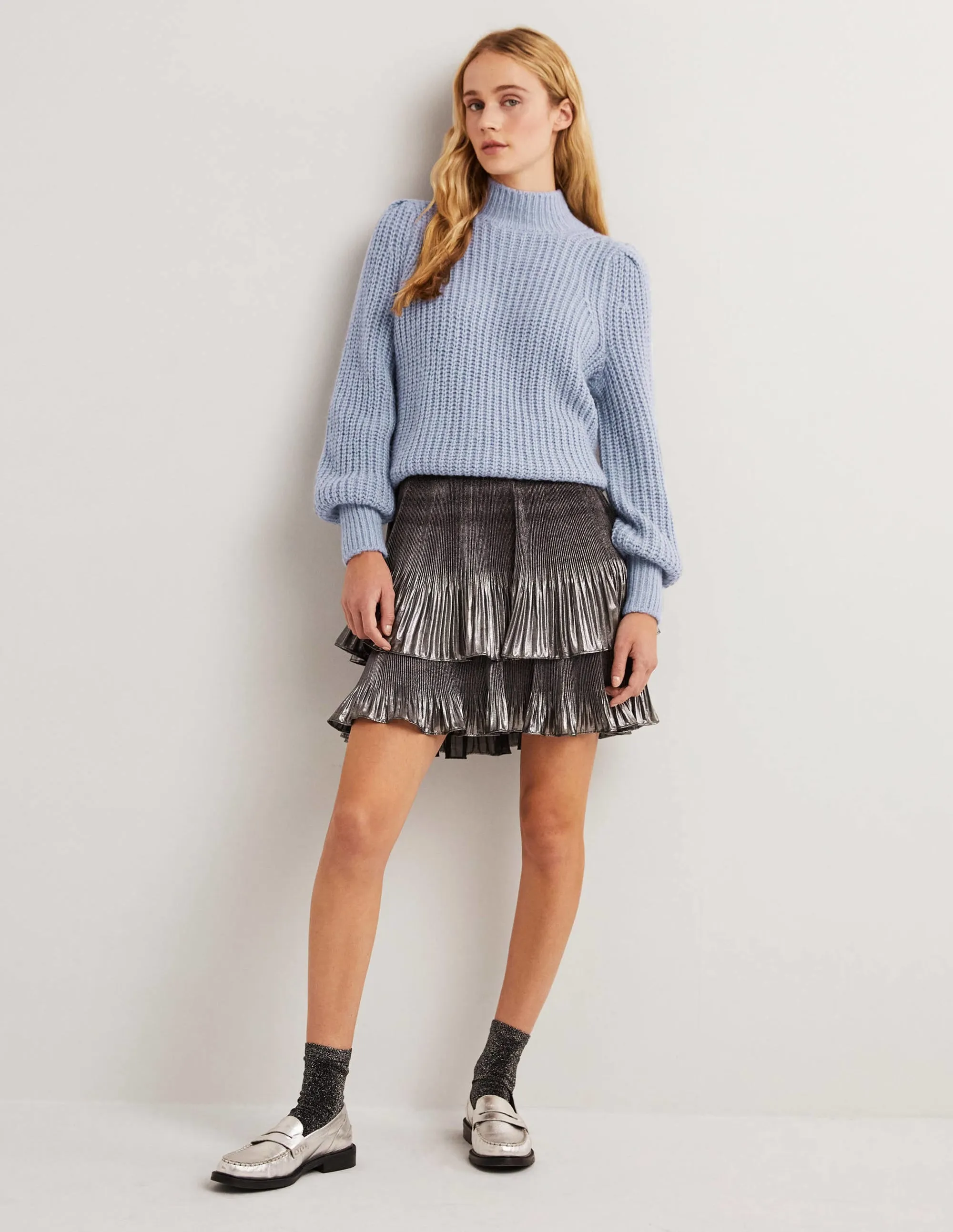 Ribbed Fluffy High Neck Jumper-Corporal Blue Melange