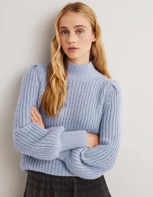 Ribbed Fluffy High Neck Jumper-Corporal Blue Melange
