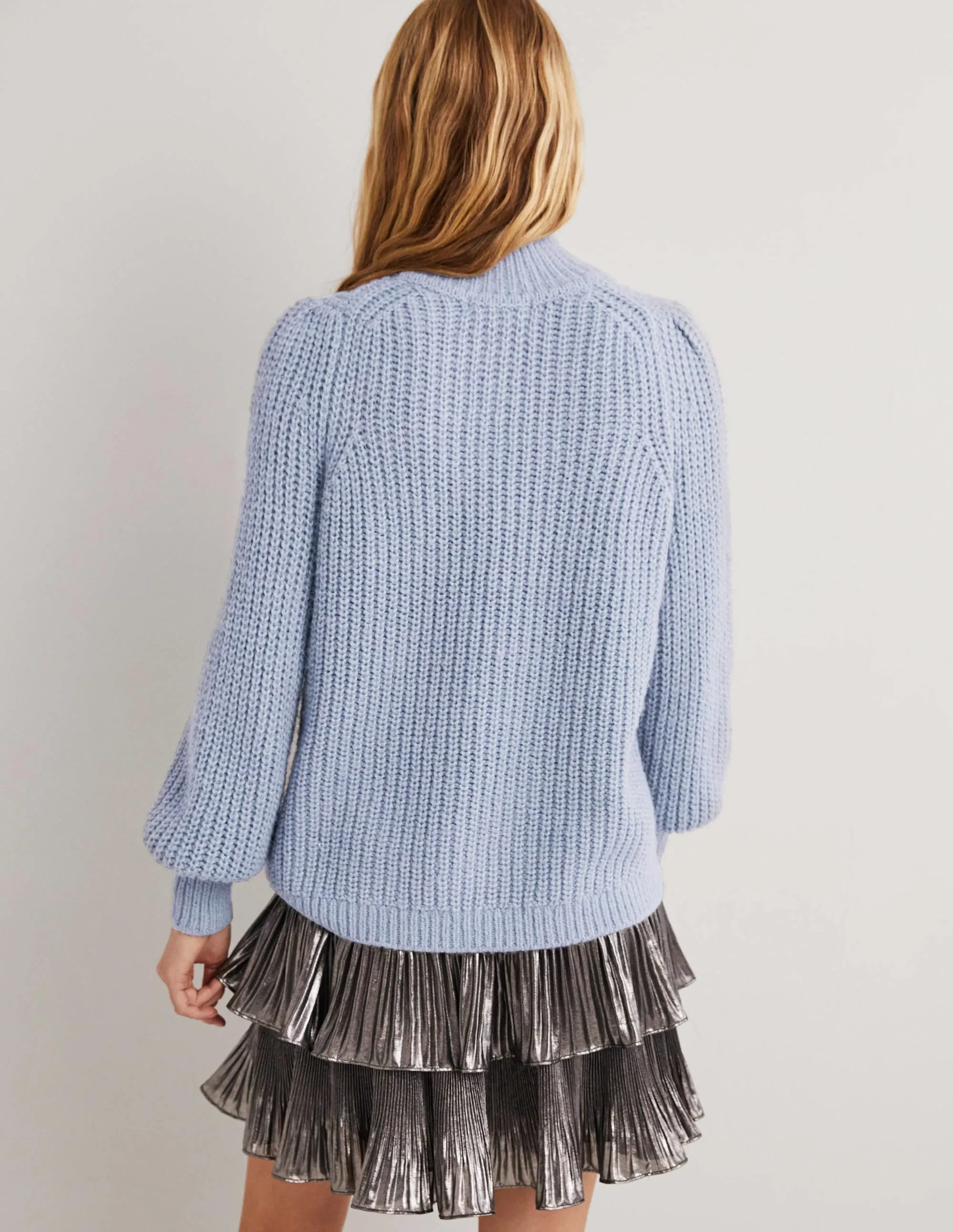 Ribbed Fluffy High Neck Jumper-Corporal Blue Melange