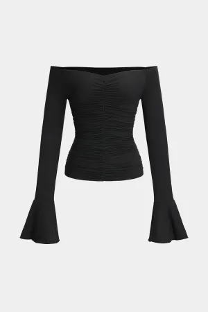 Ruched Off Shoulder Bell Sleeve Top