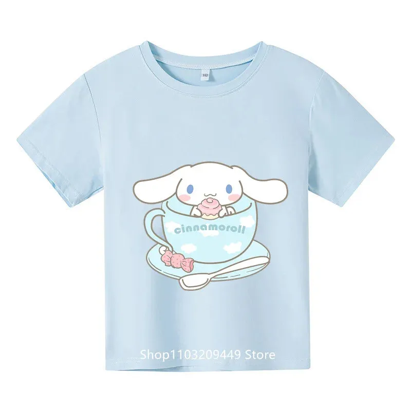 Sanrio Kids Cinnamoroll Tshirt Summer Hello Kitty Kids Cartoon Casual Short-sleeved T-shirt Set Baby Boy Clothing Girls Clothing