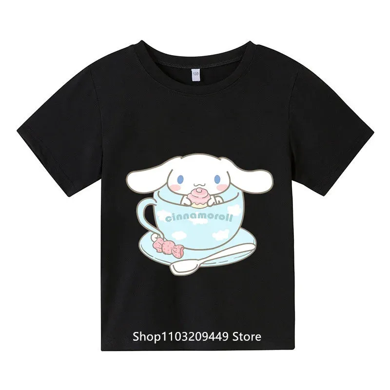 Sanrio Kids Cinnamoroll Tshirt Summer Hello Kitty Kids Cartoon Casual Short-sleeved T-shirt Set Baby Boy Clothing Girls Clothing