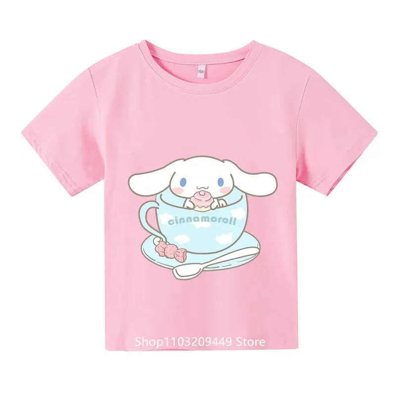 Sanrio Kids Cinnamoroll Tshirt Summer Hello Kitty Kids Cartoon Casual Short-sleeved T-shirt Set Baby Boy Clothing Girls Clothing