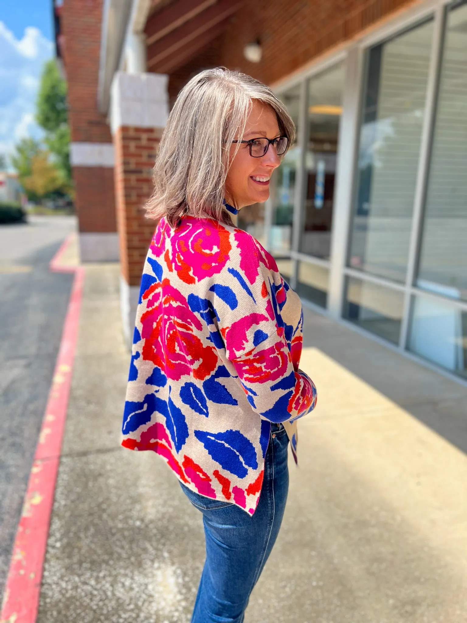 Shine Bright Hot Pink and Royal Floral Mock Neck Sweater