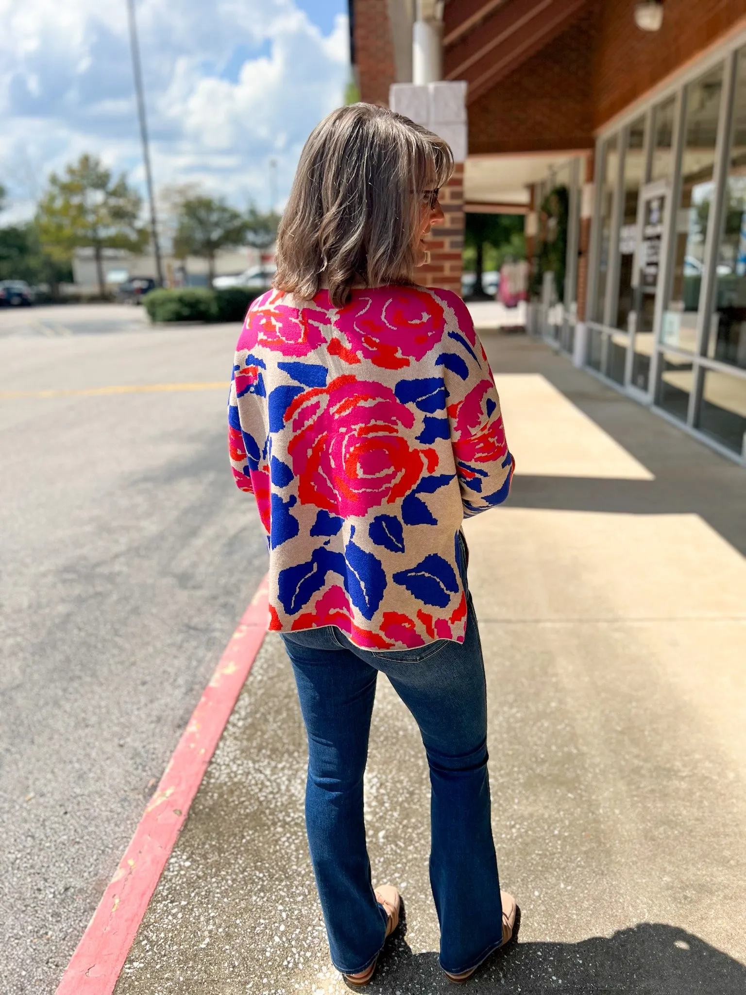 Shine Bright Hot Pink and Royal Floral Mock Neck Sweater