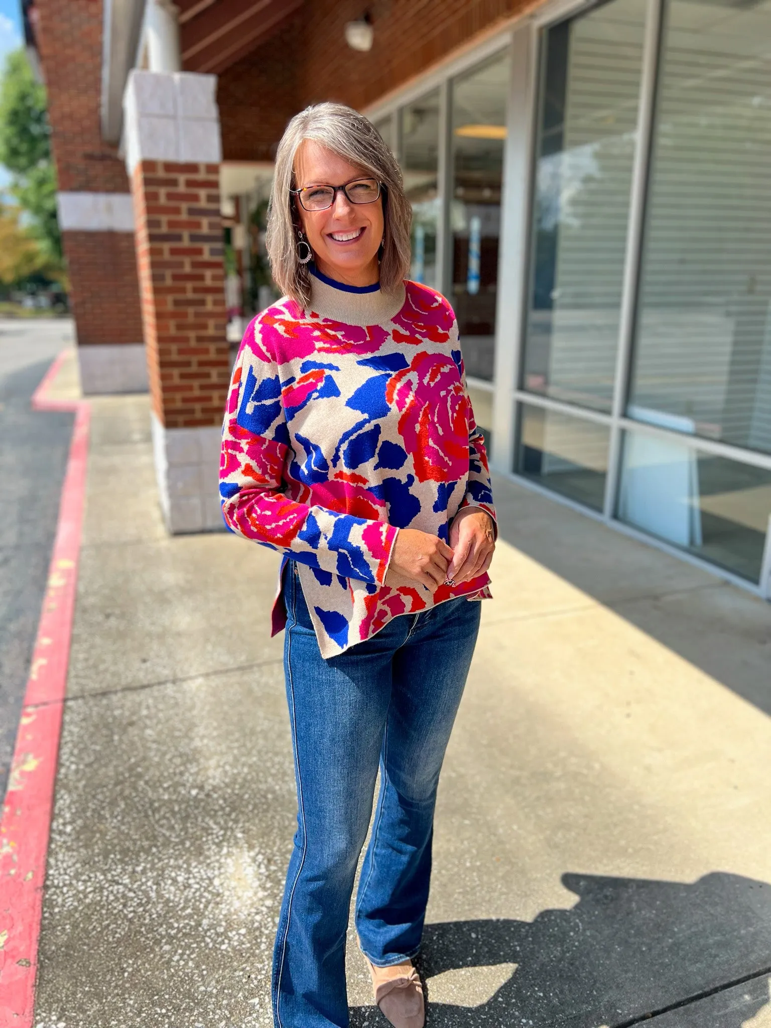 Shine Bright Hot Pink and Royal Floral Mock Neck Sweater