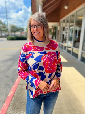 Shine Bright Hot Pink and Royal Floral Mock Neck Sweater