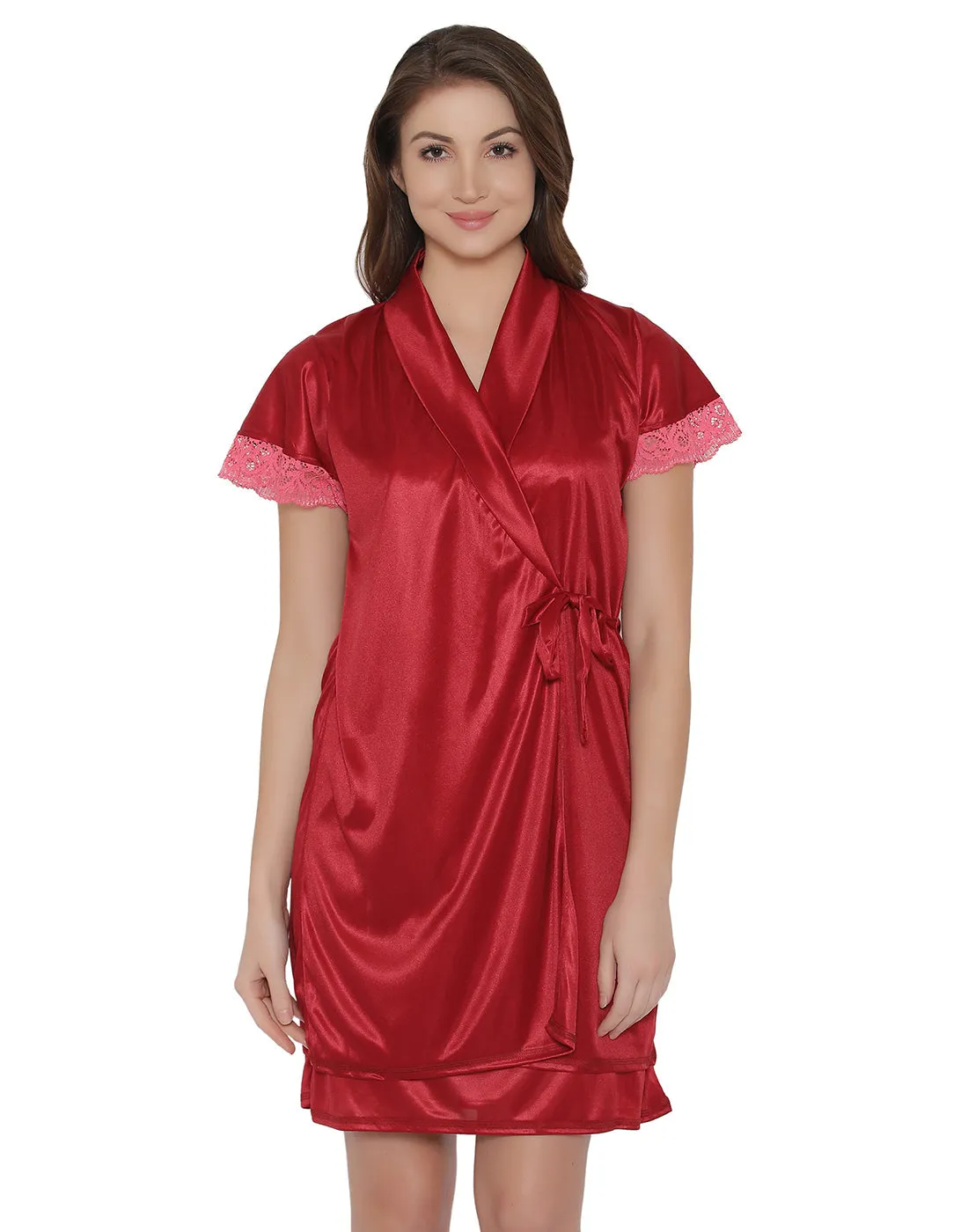 Short Night Dress & Robe Set In Maroon