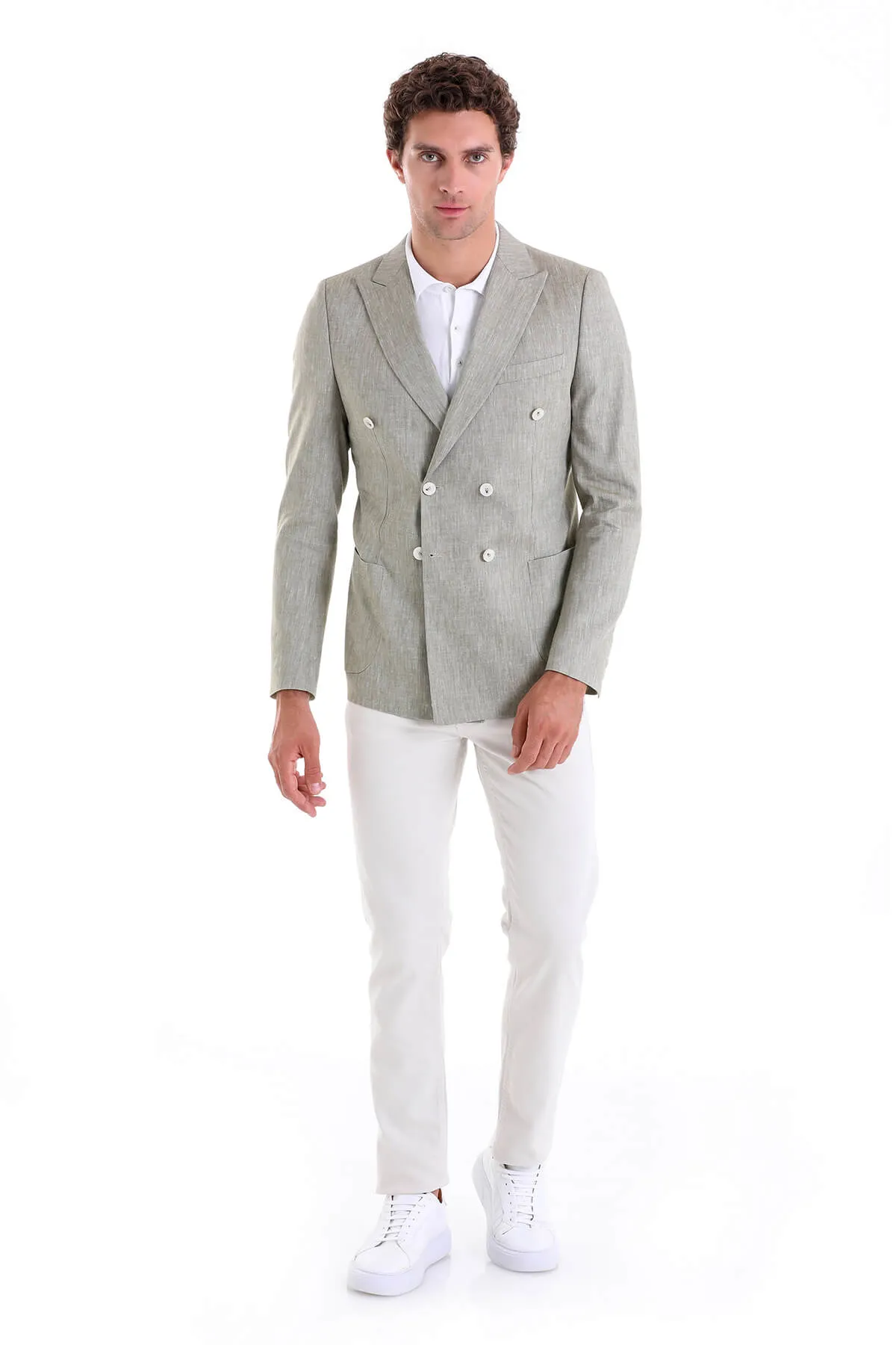 Slim Fit Double Breasted Olive Linen Casual Blazer