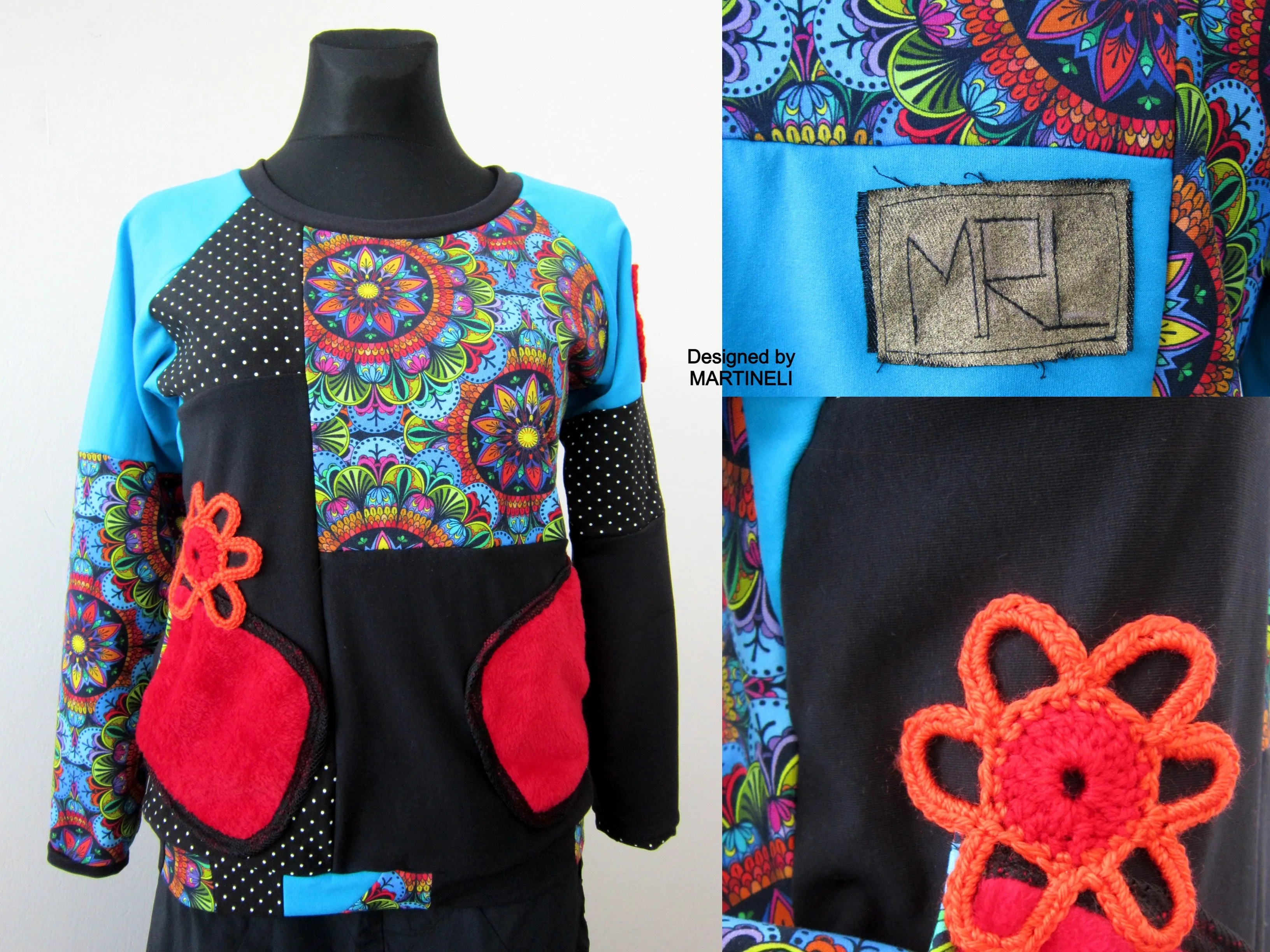 S/M Turquoise Sweatshirt for Women,Patchwork Sweatshirt for Women