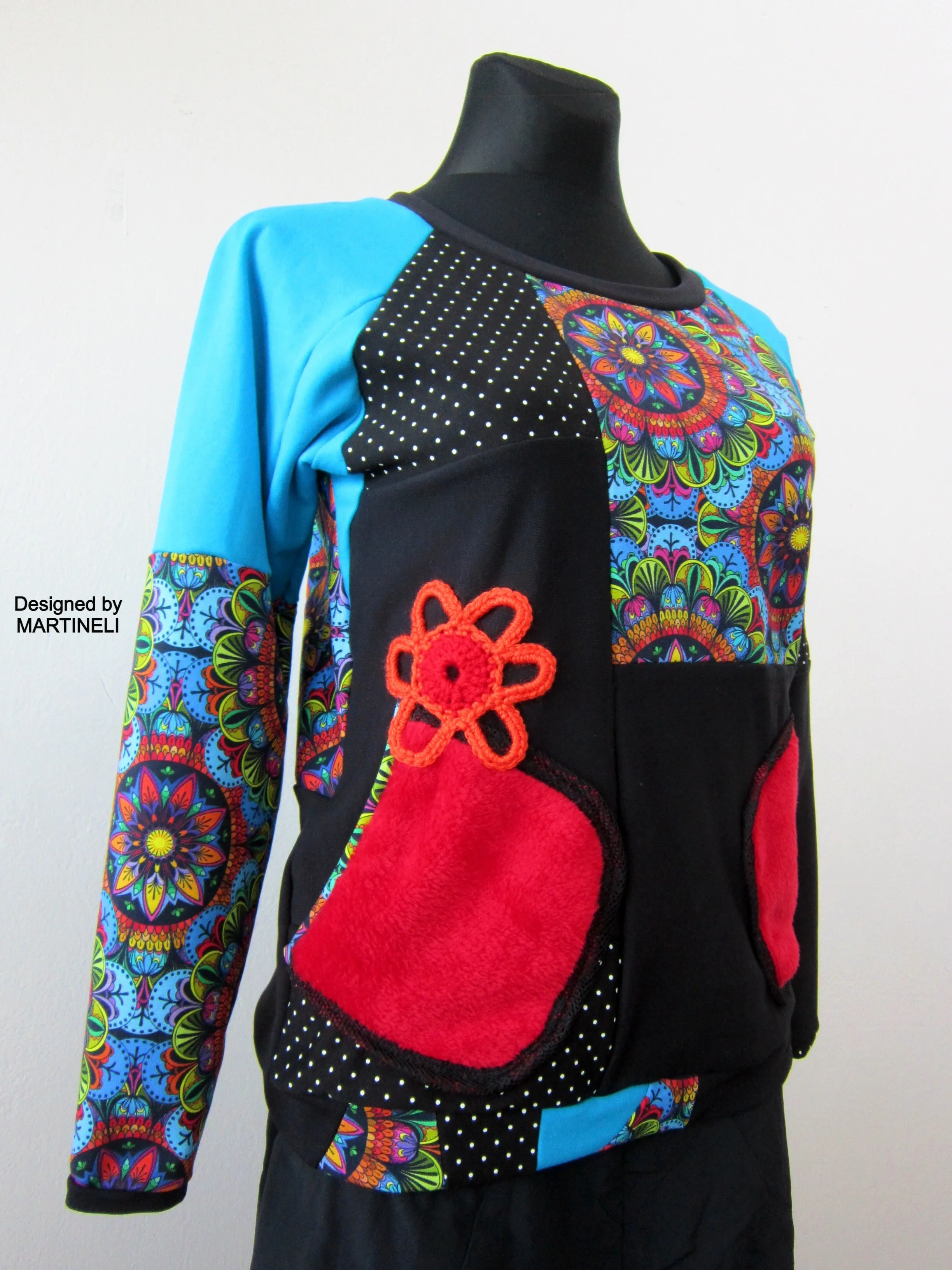 S/M Turquoise Sweatshirt for Women,Patchwork Sweatshirt for Women