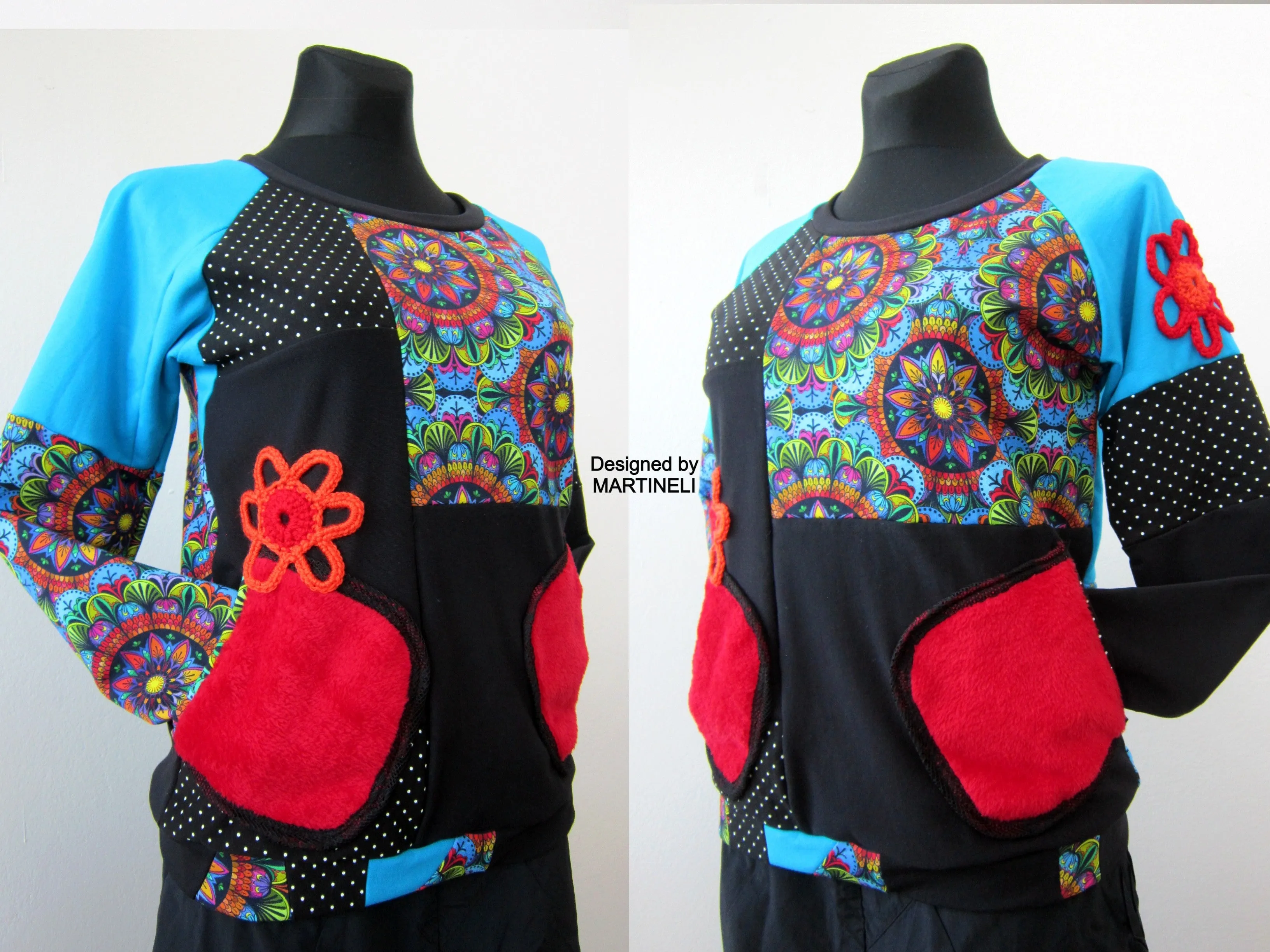 S/M Turquoise Sweatshirt for Women,Patchwork Sweatshirt for Women