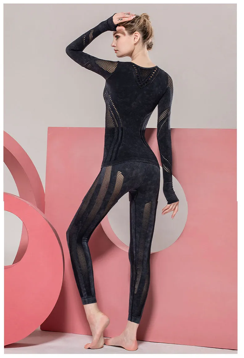 Solid Color Seamless Washing Sports and Leisure Long-sleeved Shirt Openwork Tight Printed Yoga Clothes Top