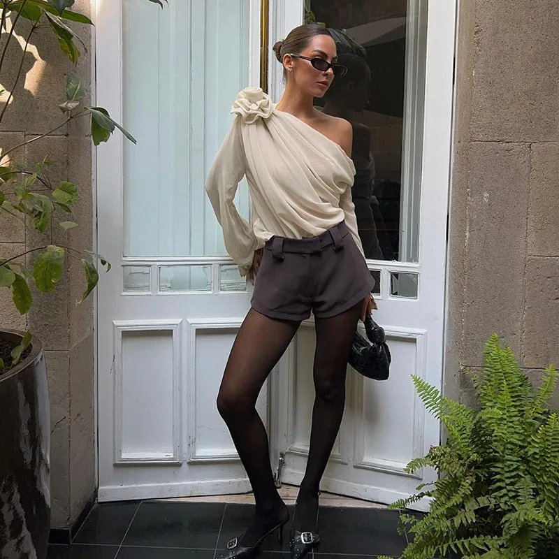 Spring Autumn Elegant Long Sleeve One Shoulder 3D Flower Blouse