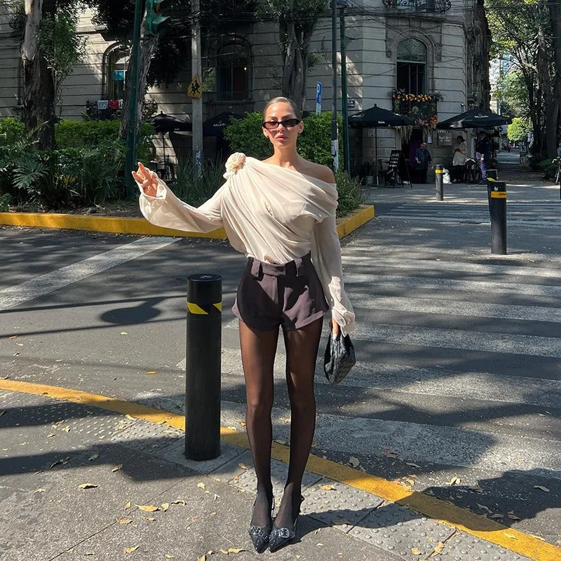 Spring Autumn Elegant Long Sleeve One Shoulder 3D Flower Blouse