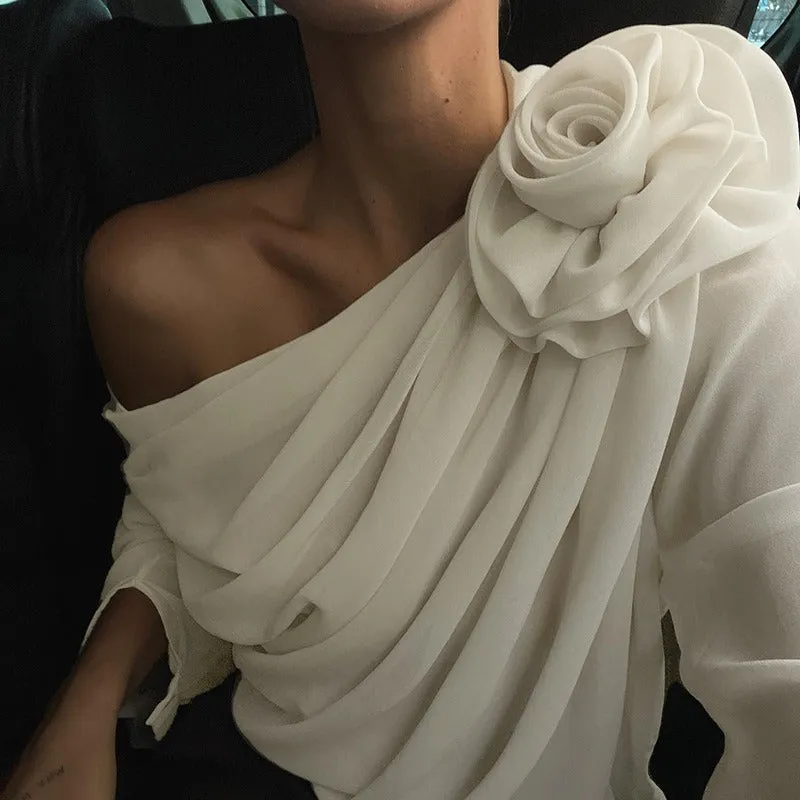Spring Autumn Elegant Long Sleeve One Shoulder 3D Flower Blouse