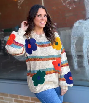 Stripe and Flower Pattern Light Weight Sweater