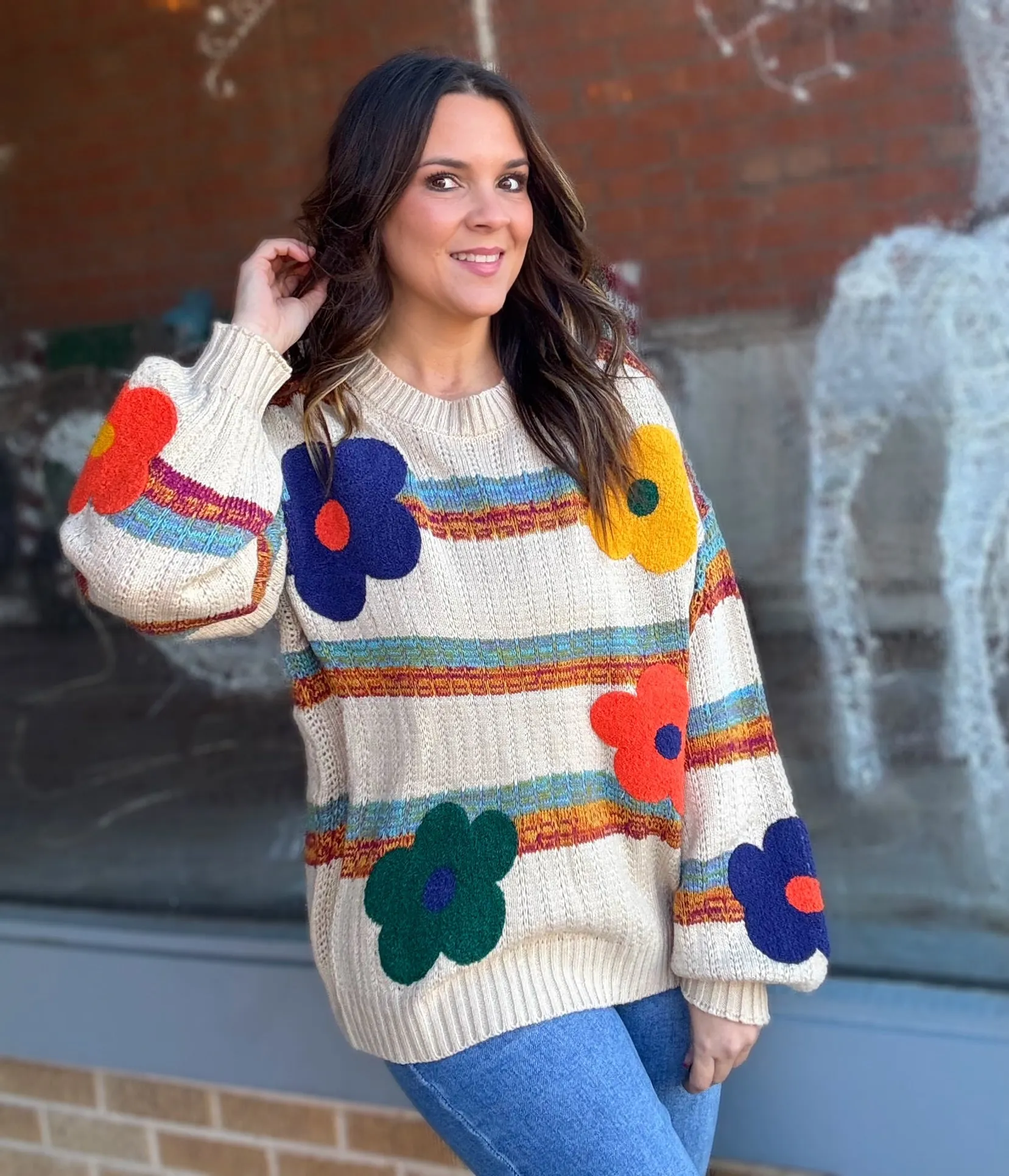 Stripe and Flower Pattern Light Weight Sweater
