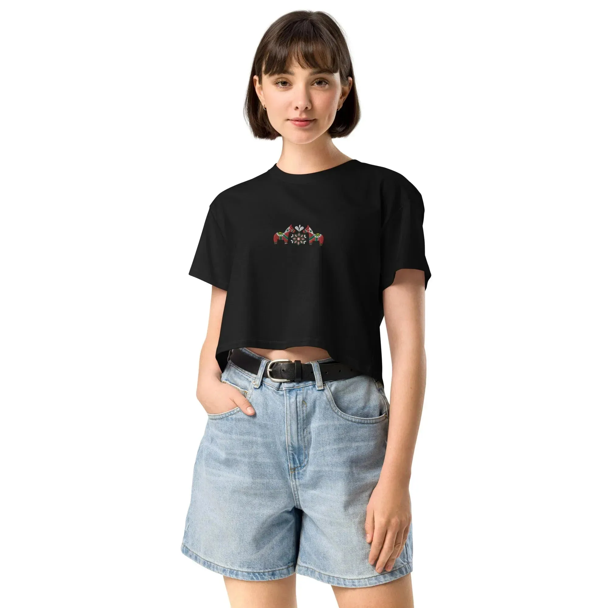Swedish Red Dala Horse Embroidered Cropped T-Shirt