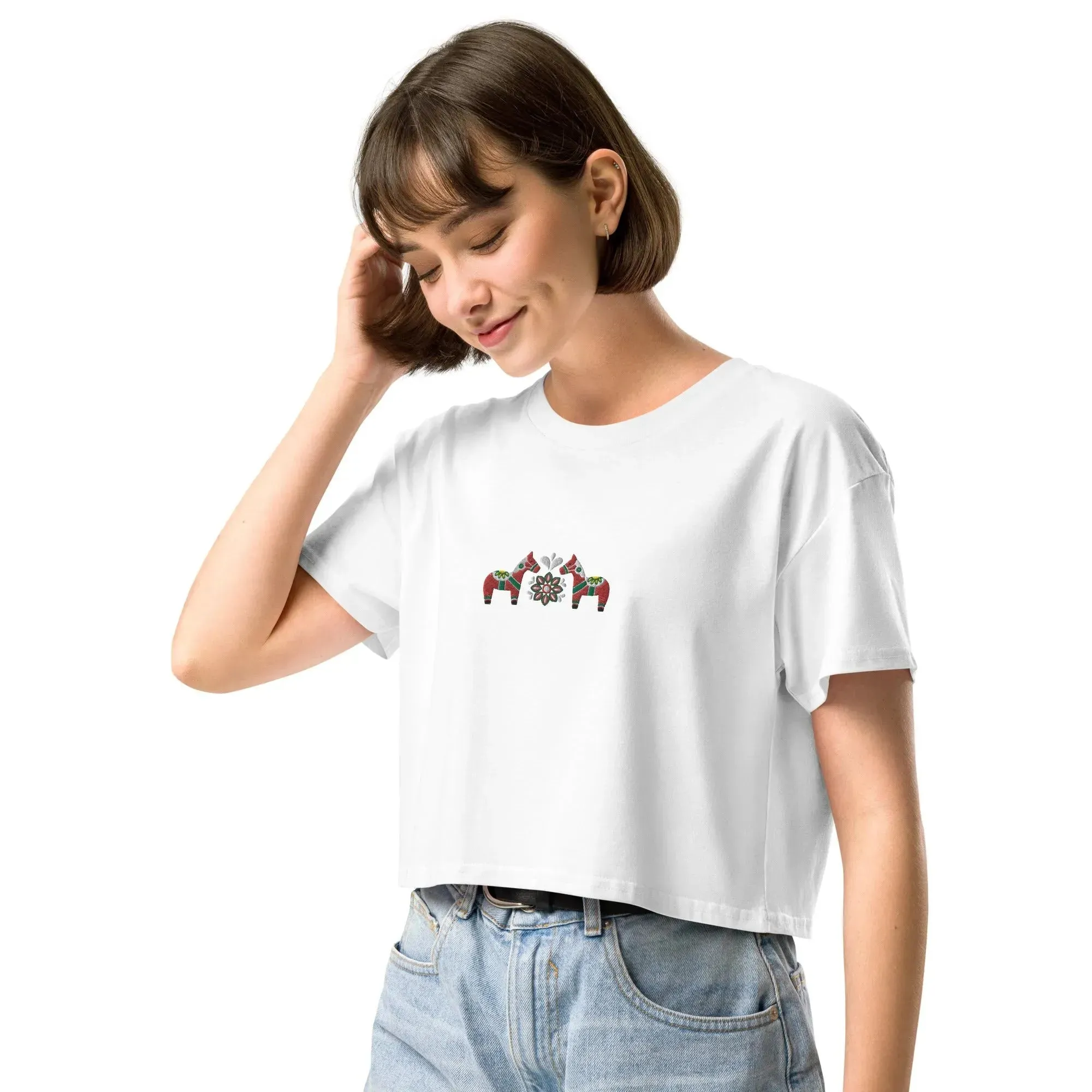 Swedish Red Dala Horse Embroidered Cropped T-Shirt