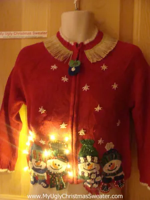 Tacky Ugly Christmas Sweater Happy Carrot Nosed Snowmen with Lights and Fringe (g72)
