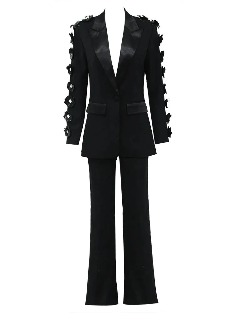 Trend4us Women's Floral Appliqué Blazer and Flared Pants Set
