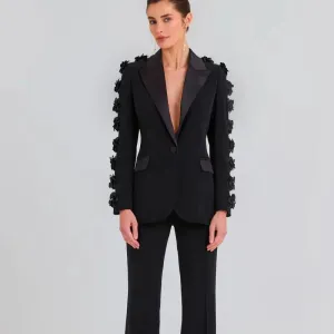 Trend4us Women's Floral Appliqué Blazer and Flared Pants Set