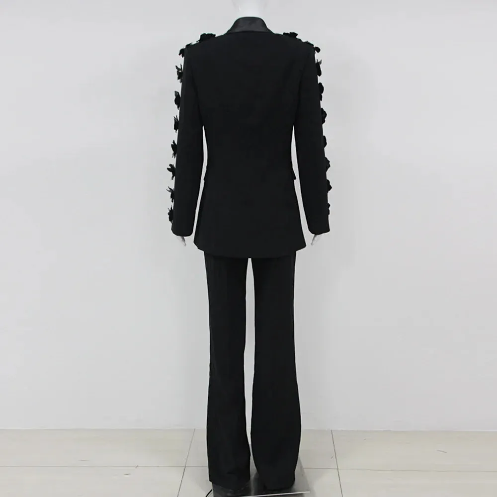 Trend4us Women's Floral Appliqué Blazer and Flared Pants Set