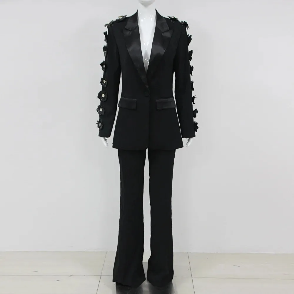 Trend4us Women's Floral Appliqué Blazer and Flared Pants Set