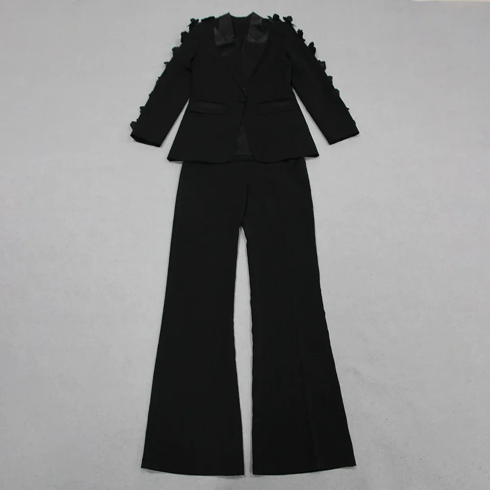 Trend4us Women's Floral Appliqué Blazer and Flared Pants Set