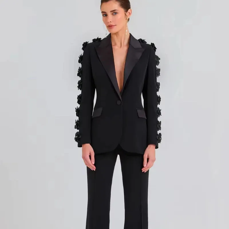 Trend4us Women's Floral Appliqué Blazer and Flared Pants Set