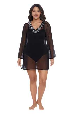 Trimshaper Solid Embroidered Coverup Dress Swim Cover Up - Black