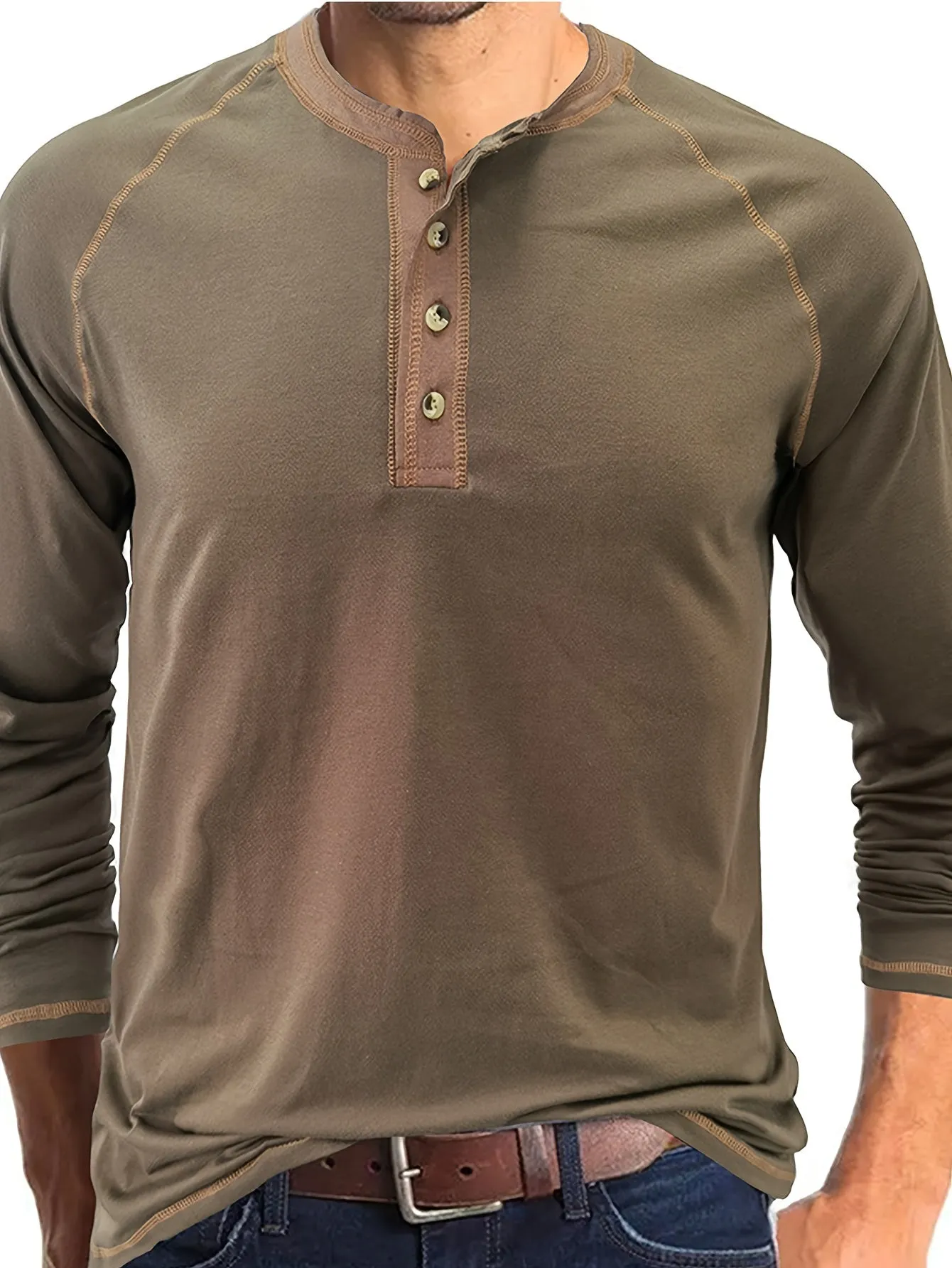 TruiGen - Heren Lange Mouw Henley Shirt met Contrasterende Stiksels en Knoopsluiting