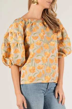 Tulip Jacquard Puff Sleeve Off Shoulder Top: Tangerine Multi