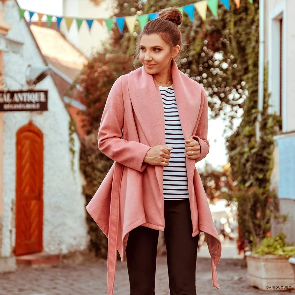 Turn Down Shawl Collar Earth Tone Wool Blend Coat