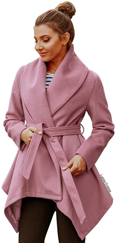 Turn Down Shawl Collar Earth Tone Wool Blend Coat