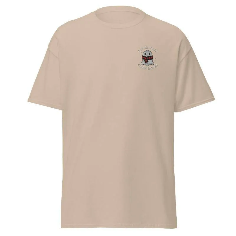Unisex Fall Embroidered T-Shirt –"Gettin' Cozy, Stayin' Spooky"