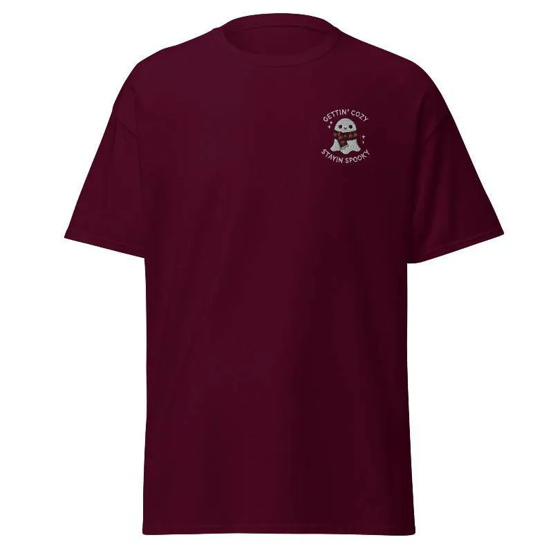 Unisex Fall Embroidered T-Shirt –"Gettin' Cozy, Stayin' Spooky"