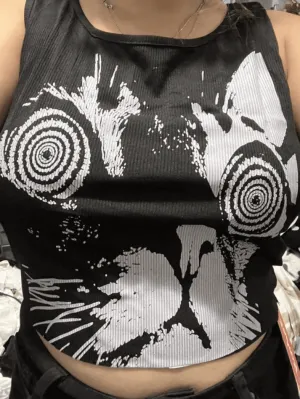 Uniwim Abstract Print Black Ribbed Cropped Tank Top