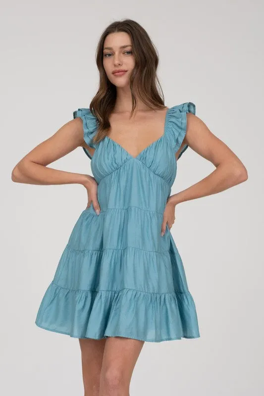 V NECK TIERED BABYDOLL MINI DRESS