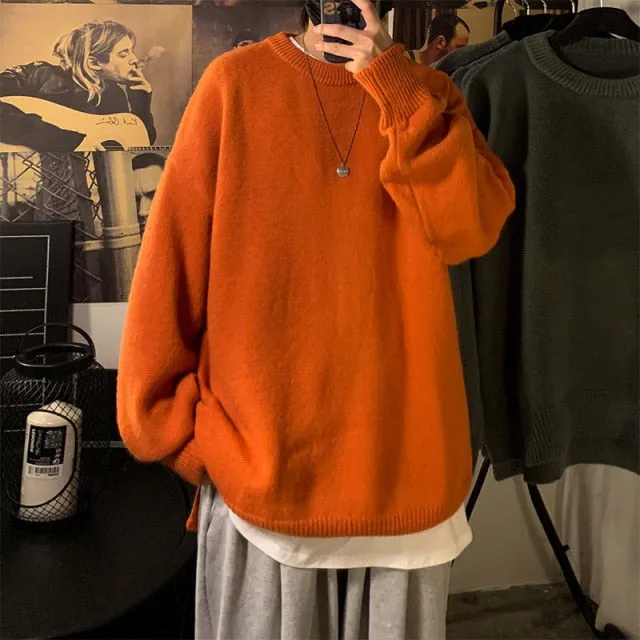 Voguable Solid Color Men's Winter Sweater Oversize Harajuku Pullover O-Neck Warm Korean Style Male Sweater Men's Clothing