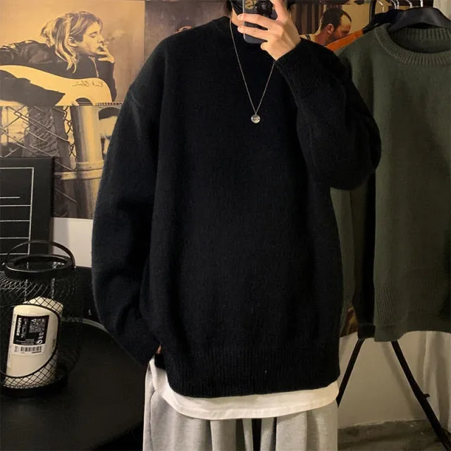 Voguable Solid Color Men's Winter Sweater Oversize Harajuku Pullover O-Neck Warm Korean Style Male Sweater Men's Clothing