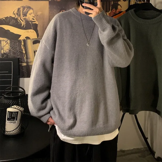 Voguable Solid Color Men's Winter Sweater Oversize Harajuku Pullover O-Neck Warm Korean Style Male Sweater Men's Clothing