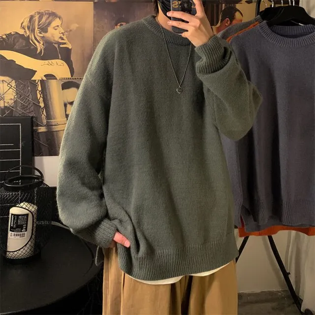 Voguable Solid Color Men's Winter Sweater Oversize Harajuku Pullover O-Neck Warm Korean Style Male Sweater Men's Clothing