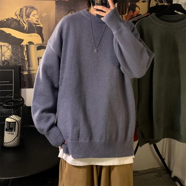 Voguable Solid Color Men's Winter Sweater Oversize Harajuku Pullover O-Neck Warm Korean Style Male Sweater Men's Clothing