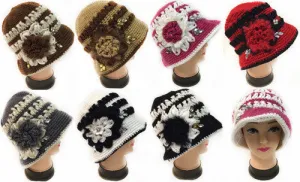 winter knitted women's hat with flower rhinestone Case of 12