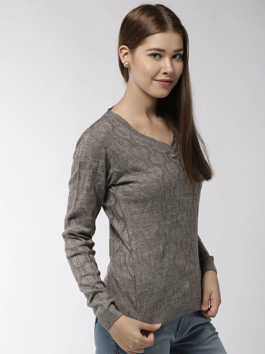 Women Self Design Beige Pullover