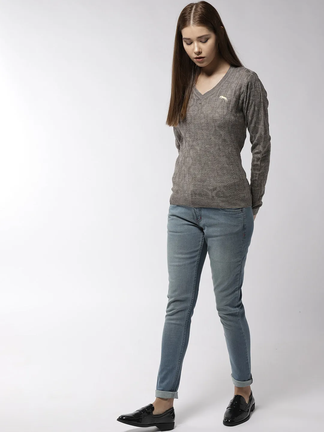 Women Self Design Beige Pullover